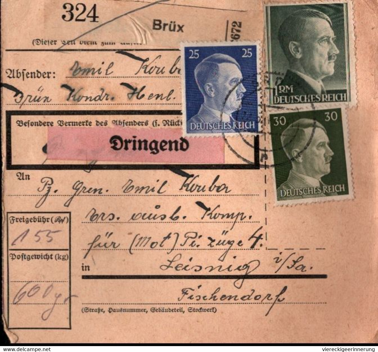 ! 1943 Brüx Nach Leisnig, Paketkarte, Deutsches Reich, 3. Reich - Cartas & Documentos