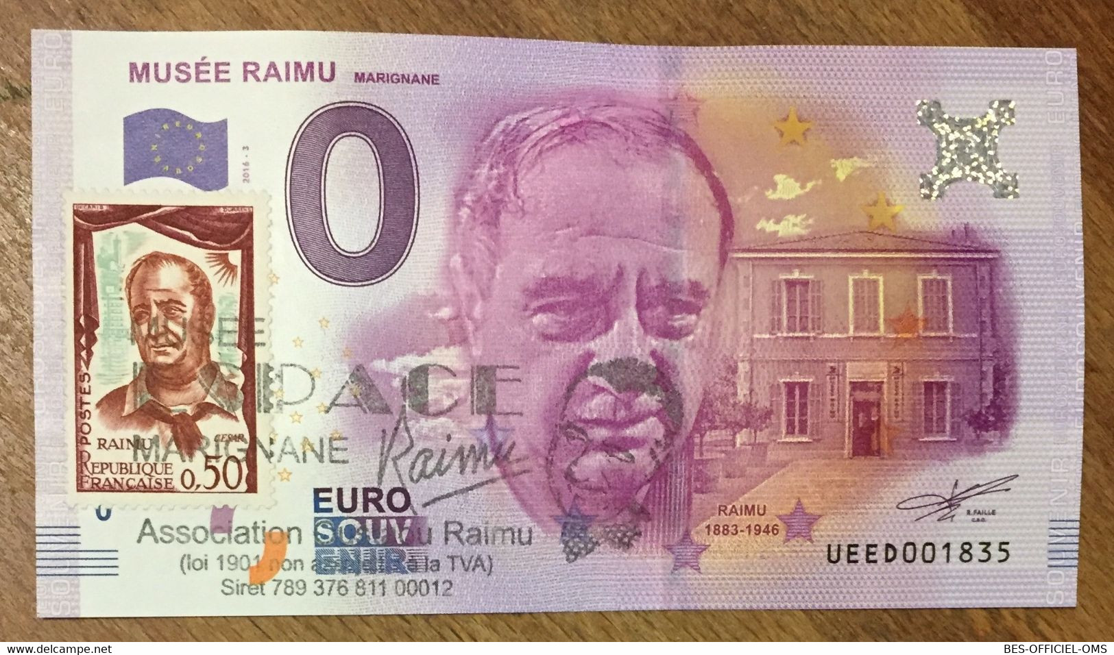 2016 BILLET 0 EURO SOUVENIR DPT 13 MUSÉE RAIMU MARIGNANE + TIMBRE ZERO 0 EURO SCHEIN BANKNOTE PAPER MONEY BANK - Essais Privés / Non-officiels