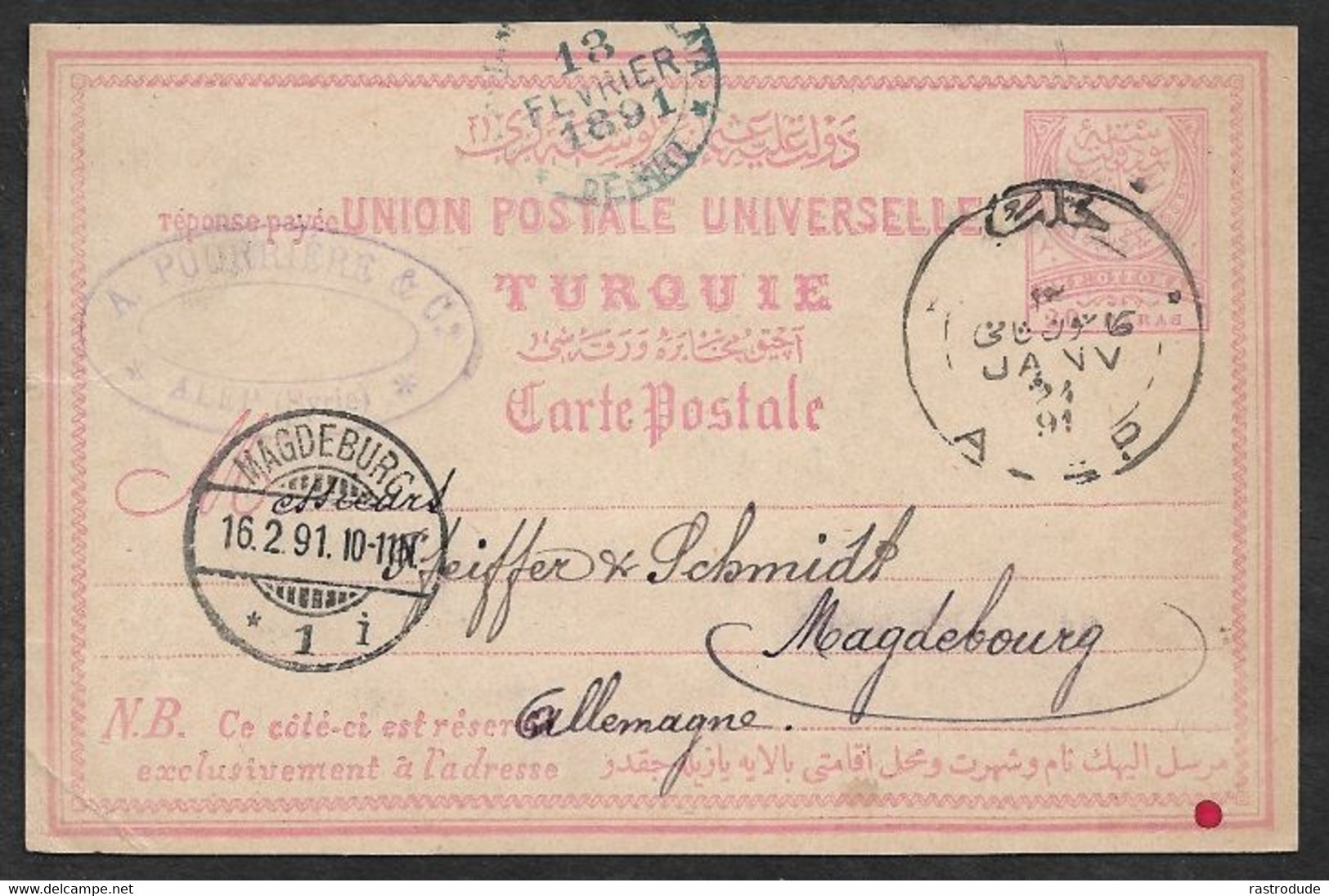 1891 24 JAN. TURKEY TURQUIE - 20Pa . SYRIA - ALEPPO A MAGDEBURG, CDS ALEPPO / 24 JANV - Briefe U. Dokumente