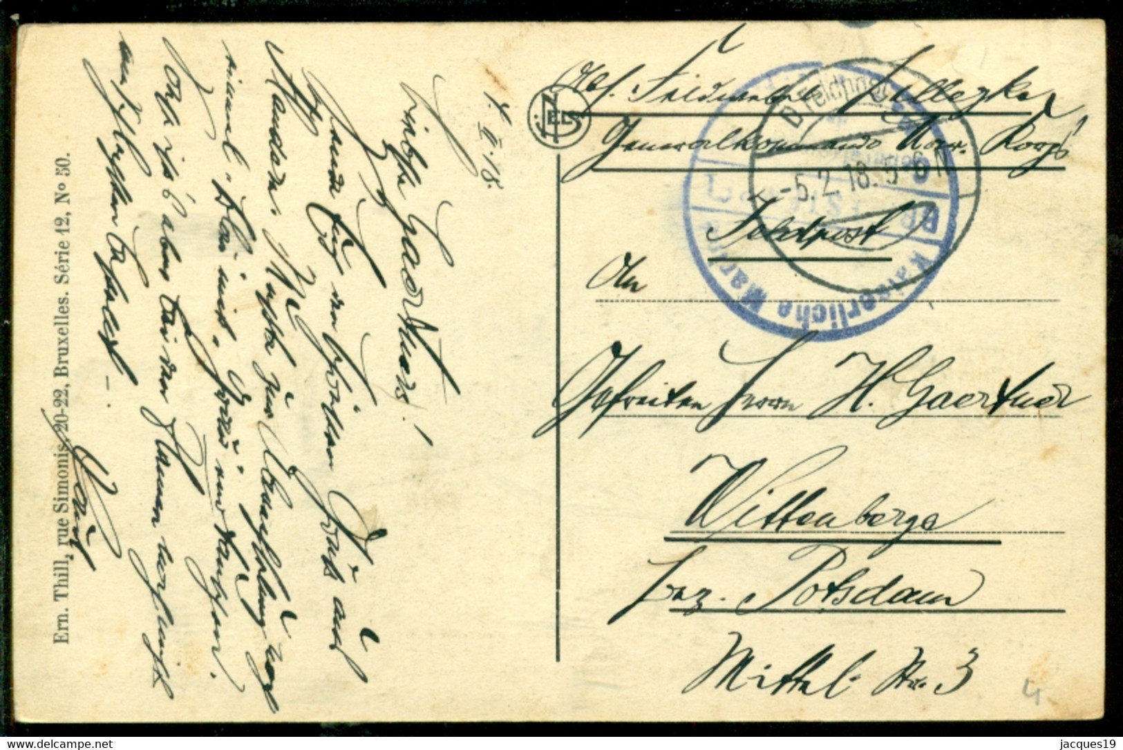 Deutsches Reich Feldpost Karte 1918 Bruges Hôtel Provincial De La Poste - Brieven En Documenten