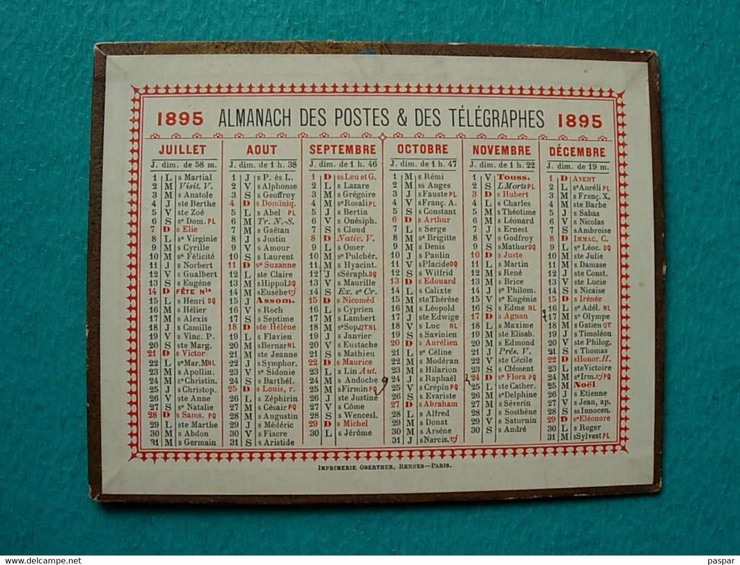 Calendrier Almanach Des Postes Et Télégraphes Petit Format 1895 - Petit Format : ...-1900