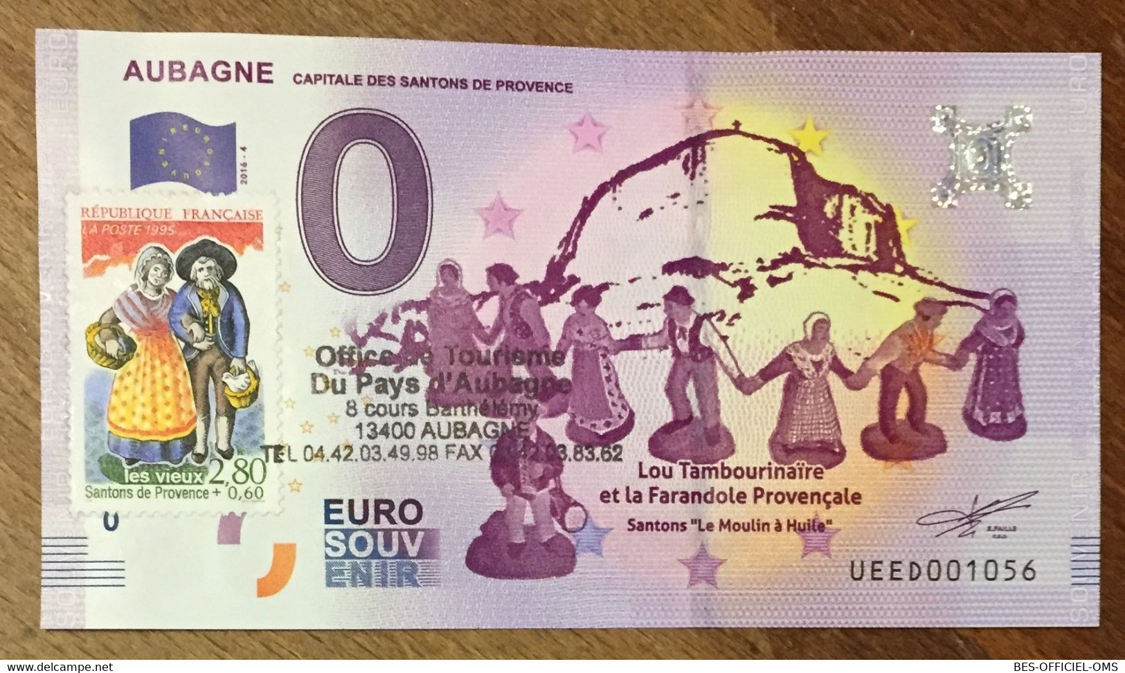 2016 BILLET 0 EURO SOUVENIR DPT 13 AUBAGNE SANTONS + TIMBRE ZERO 0 EURO SCHEIN BANKNOTE PAPER MONEY BANK - Essais Privés / Non-officiels