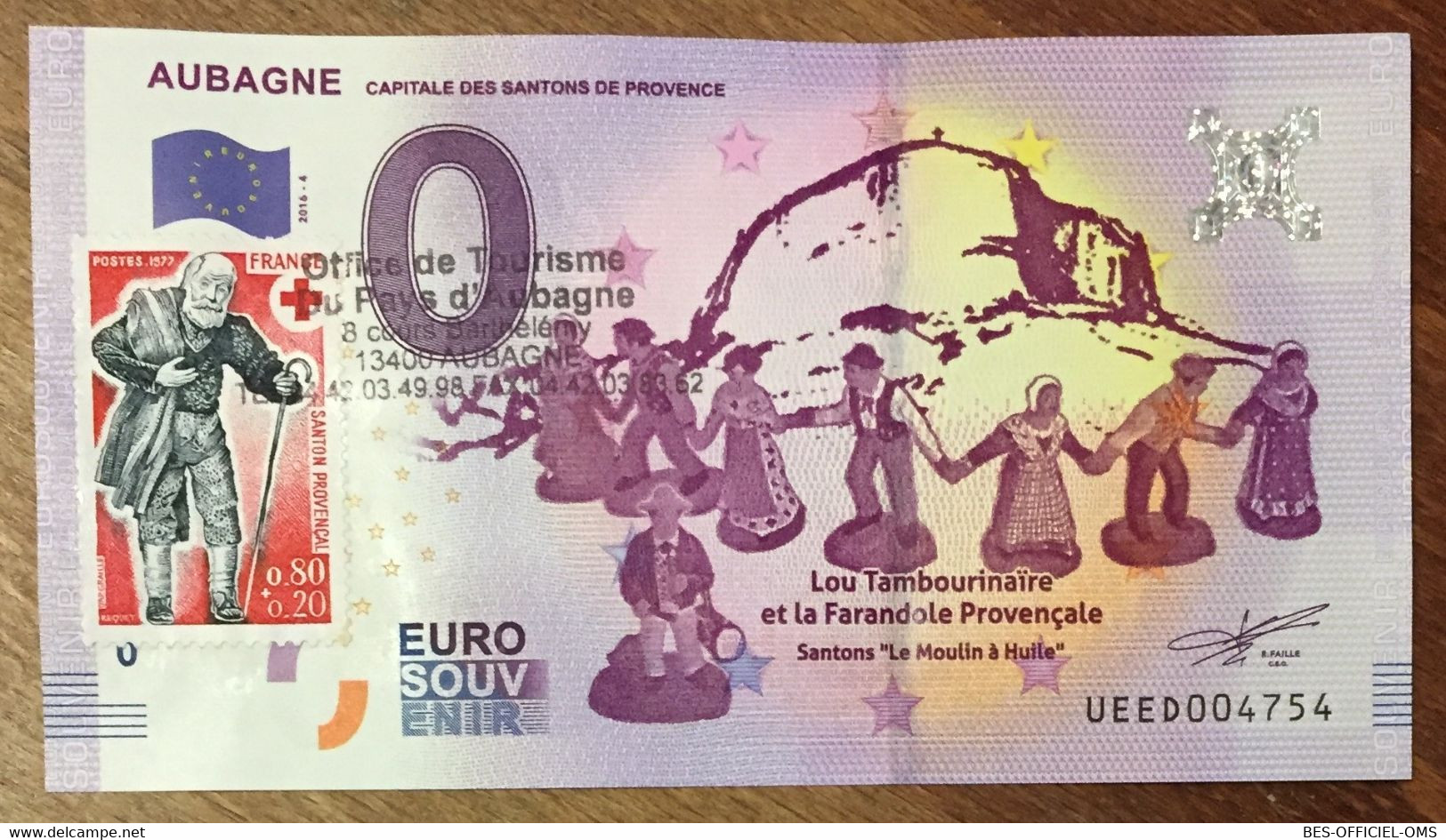 2016 BILLET 0 EURO SOUVENIR DPT 13 AUBAGNE SANTONS + TIMBRE ZERO 0 EURO SCHEIN BANKNOTE PAPER MONEY BANK - Essais Privés / Non-officiels