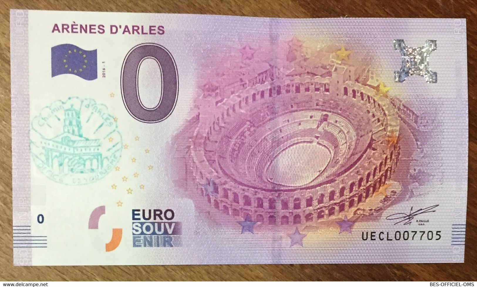 2016 BILLET 0 EURO SOUVENIR DPT 13 ARÈNES D'ARLES + TAMPON ZERO 0 EURO SCHEIN BANKNOTE PAPER MONEY BANK - Essais Privés / Non-officiels