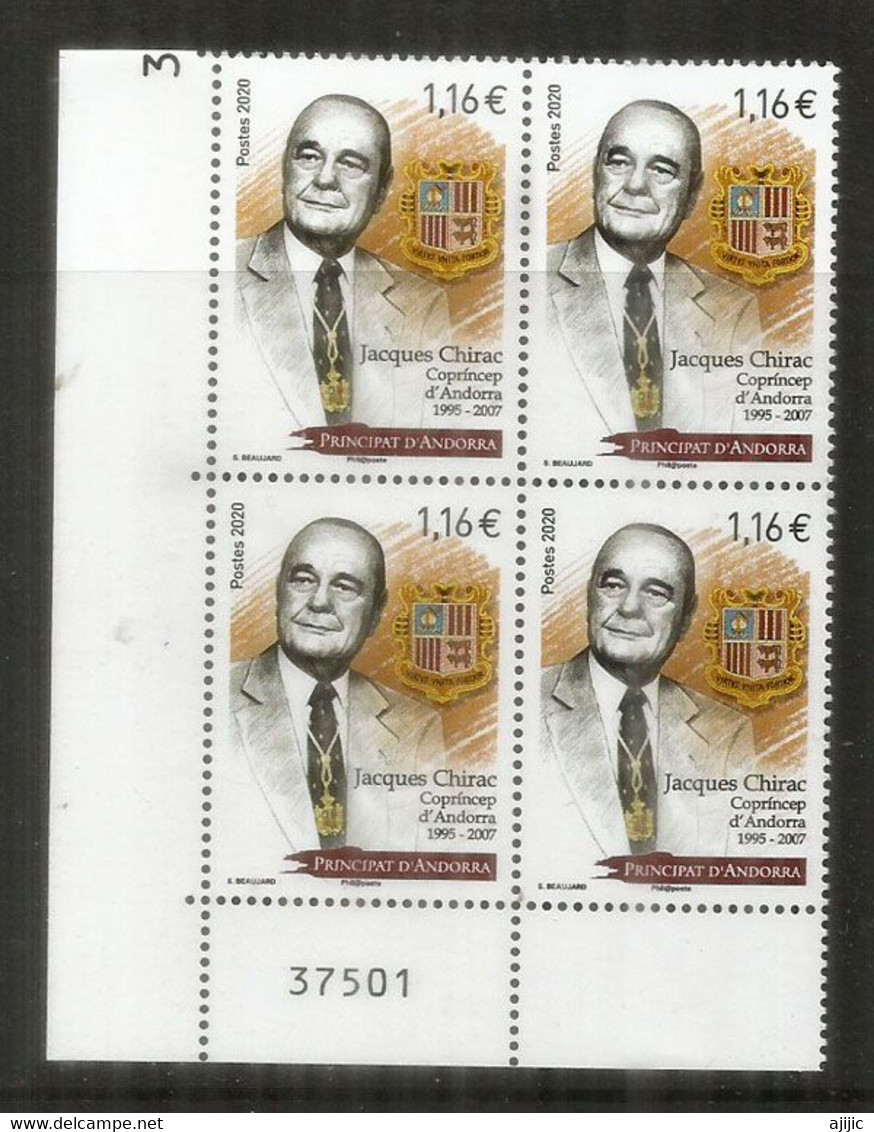 Hommage à Jacques Chirac, Président & Co-Prince D'Andorre. Bloc De 4 Timbres Neufs** Numéroté, Année 2020 - Neufs