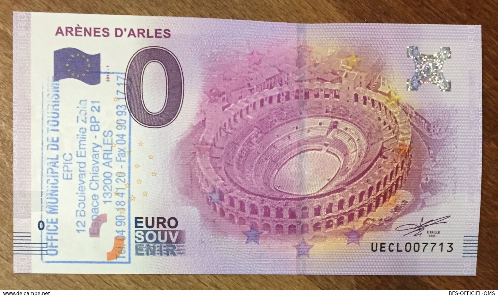 2016 BILLET 0 EURO SOUVENIR DPT 13 ARÈNES D'ARLES + TAMPON ZERO 0 EURO SCHEIN BANKNOTE PAPER MONEY BANK - Essais Privés / Non-officiels