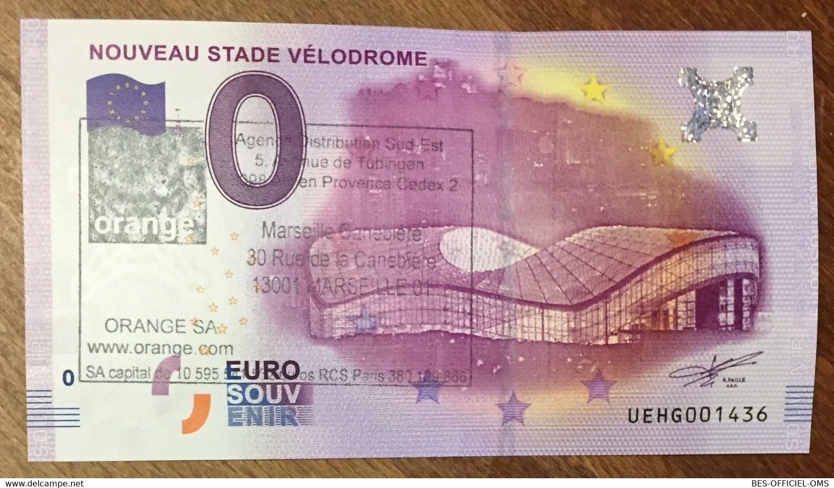 2016 BILLET 0 EURO SOUVENIR DPT 13 NOUVEAU STADE VÉLODROME + TAMPON ZERO 0 EURO SCHEIN BANKNOTE PAPER MONEY BANK - Essais Privés / Non-officiels