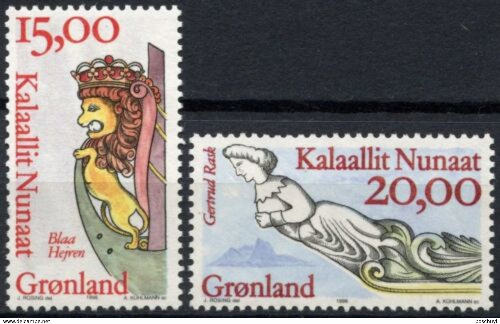Greenland, 1996, Galleon Wood Carvings, Boat, Ship, MNH, Michel 294-295 - Sonstige & Ohne Zuordnung