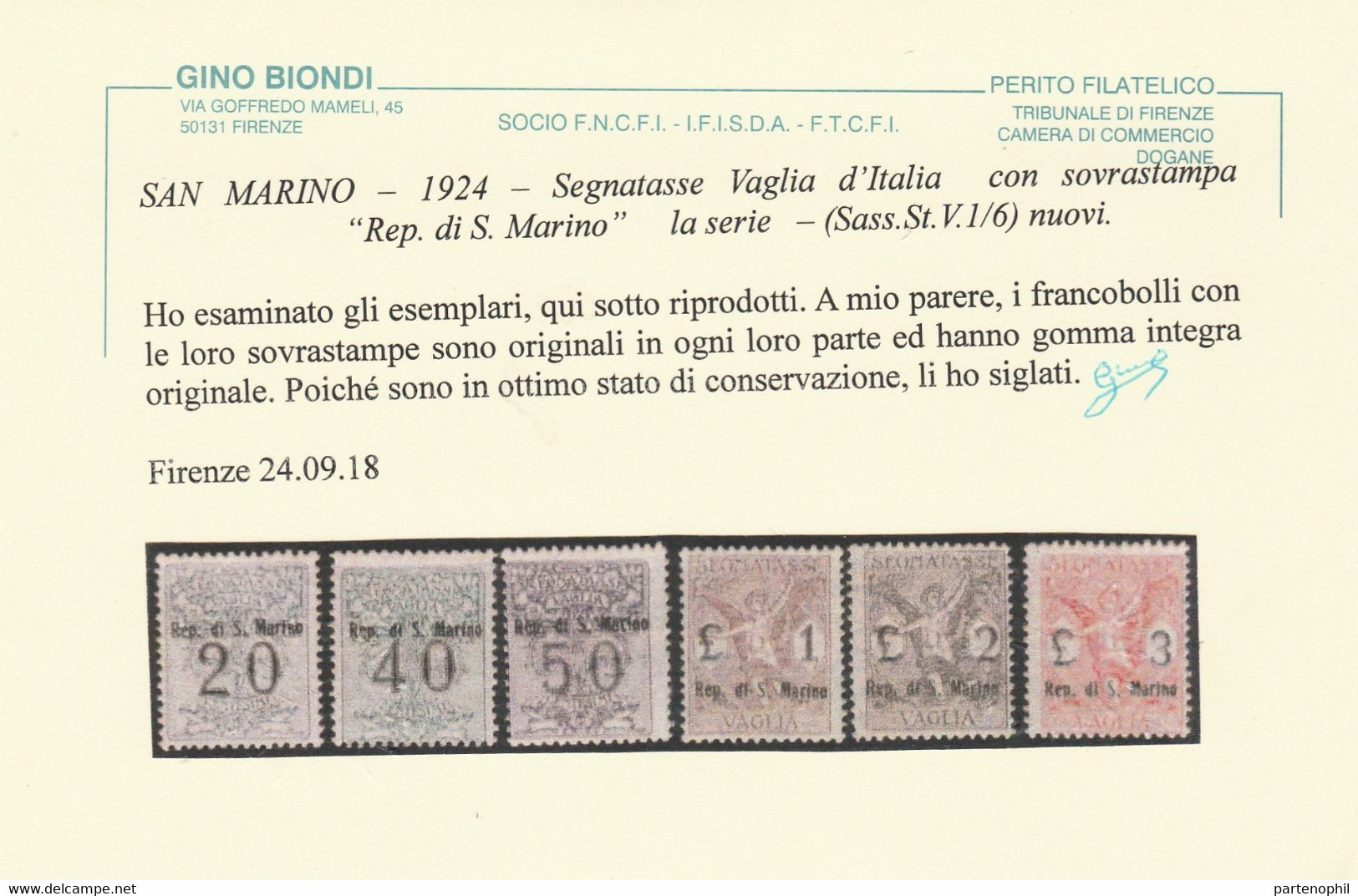 San Marino Segnatasse Per Vaglia 491 ** 1924 - Francobolli D’Italia Soprastampati Rep. Di S. Marino N. 1/6. Cert. Biondi - Segnatasse