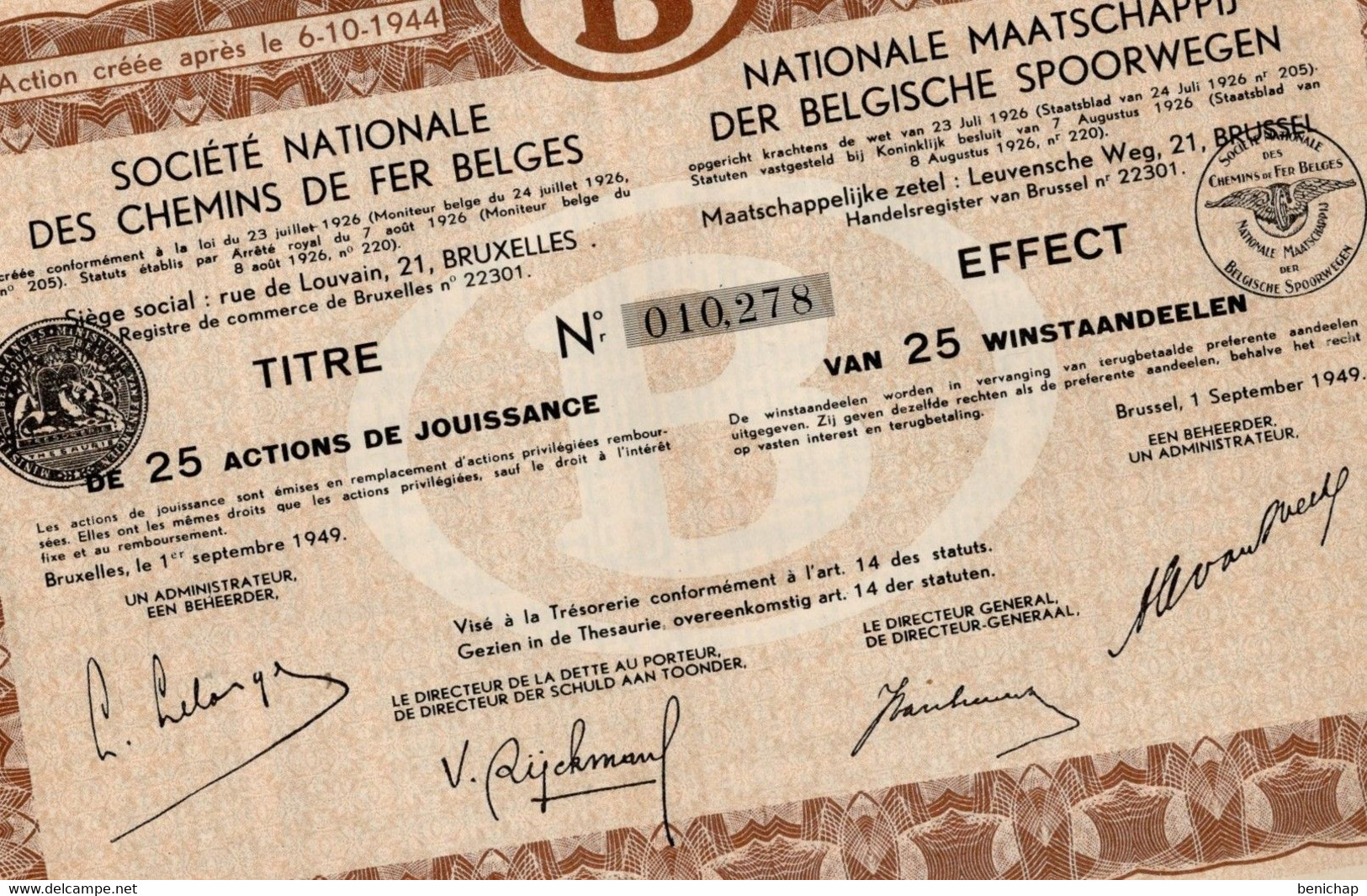 Titre De Bourse NMBS-SNCB 25 Actions De Jouissance 25 Winstaandeelen 1949. - Chemin De Fer & Tramway