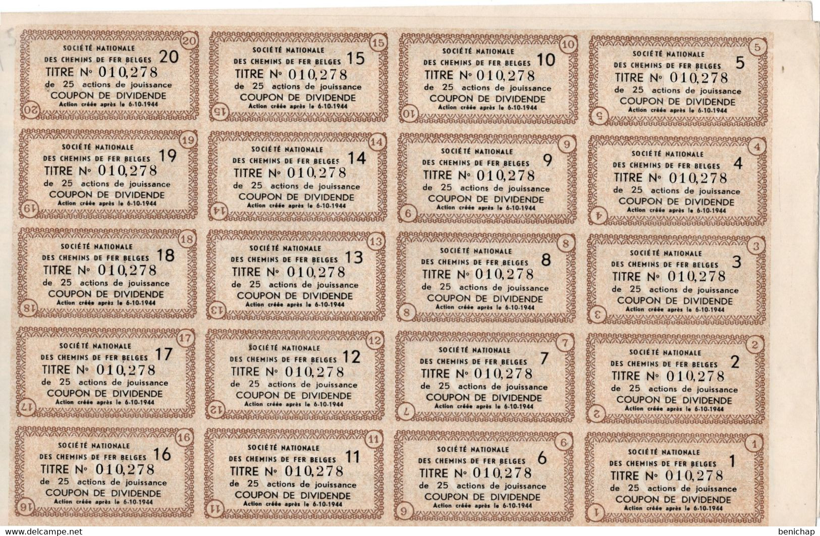 Titre De Bourse NMBS-SNCB 25 Actions De Jouissance 25 Winstaandeelen 1949. - Chemin De Fer & Tramway