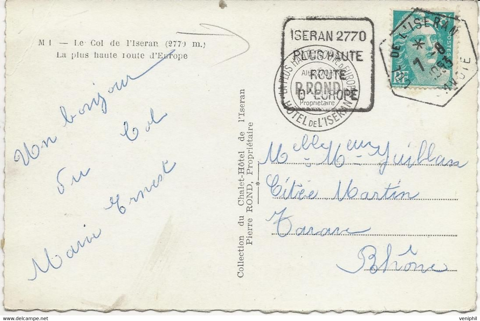 CARTE OBLITERATION DAGUIN" ISERAN 2770 PLUS HAUTE ROUTE D'EUROPE " ANNEE 1953 - Mechanical Postmarks (Other)