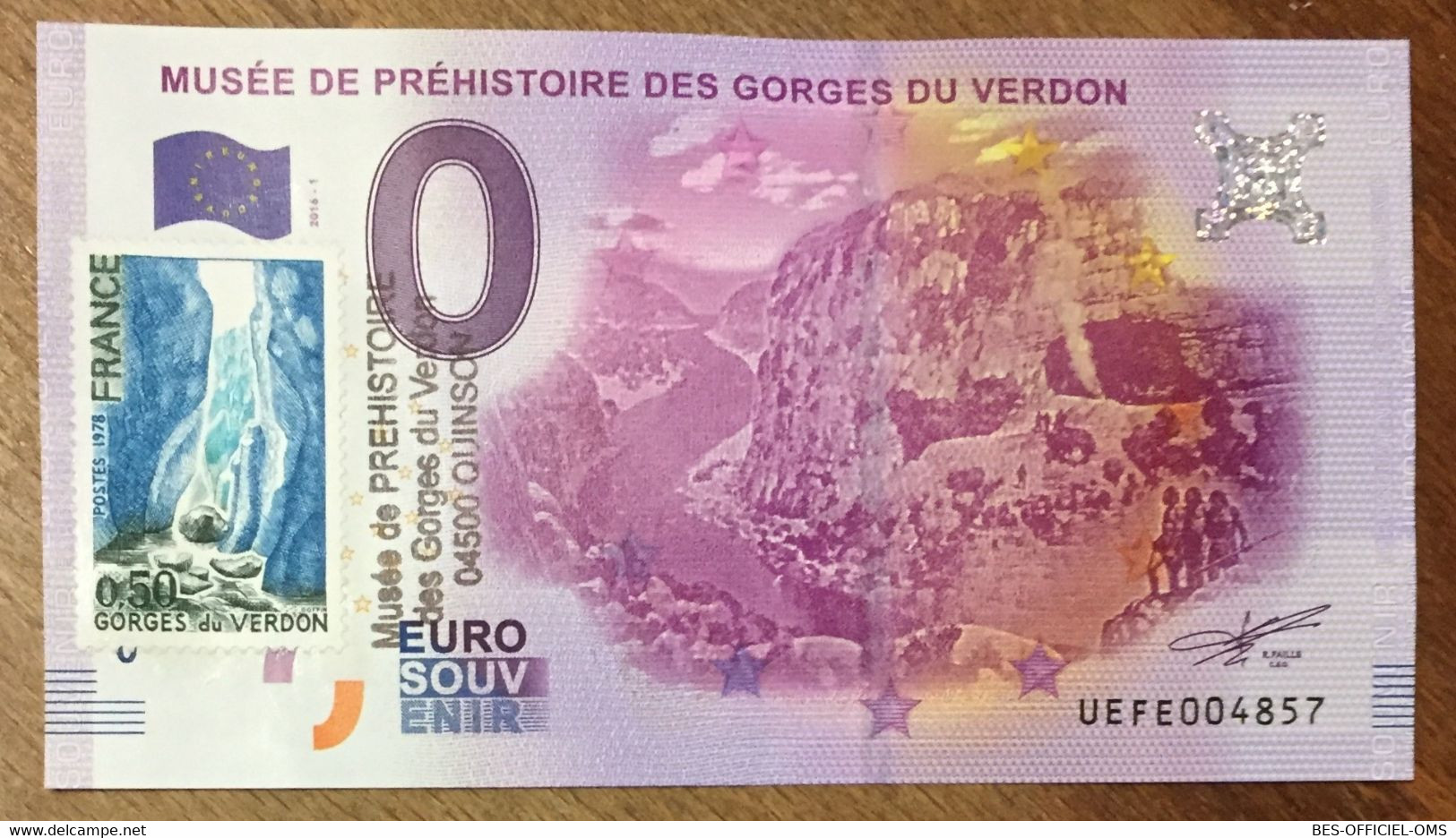 2016 BILLET 0 EURO SOUVENIR DPT 06 MUSÉE PRÉHISTORIQUE DES GORGES. + TIMBRE ZERO 0 EURO SCHEIN BANKNOTE PAPER MONEY BANK - Privatentwürfe