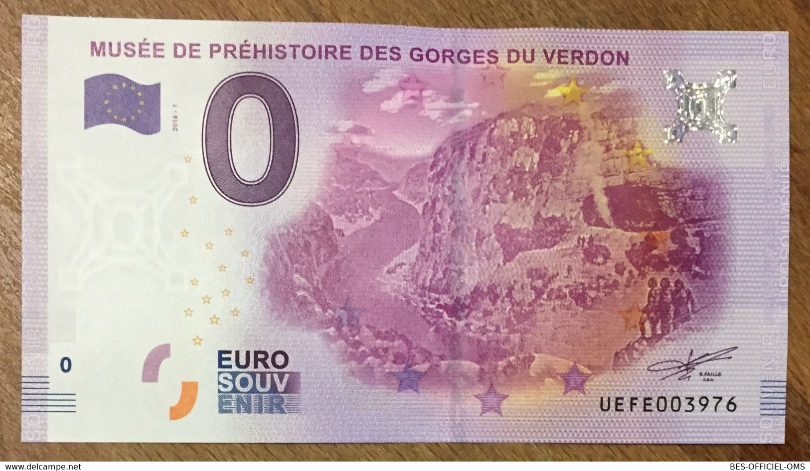 2016 BILLET 0 EURO SOUVENIR DPT 06 MUSÉE PRÉHISTORIQUE DES GORGES DU VERDON ZERO 0 EURO SCHEIN BANKNOTE PAPER MONEY BANK - Privatentwürfe