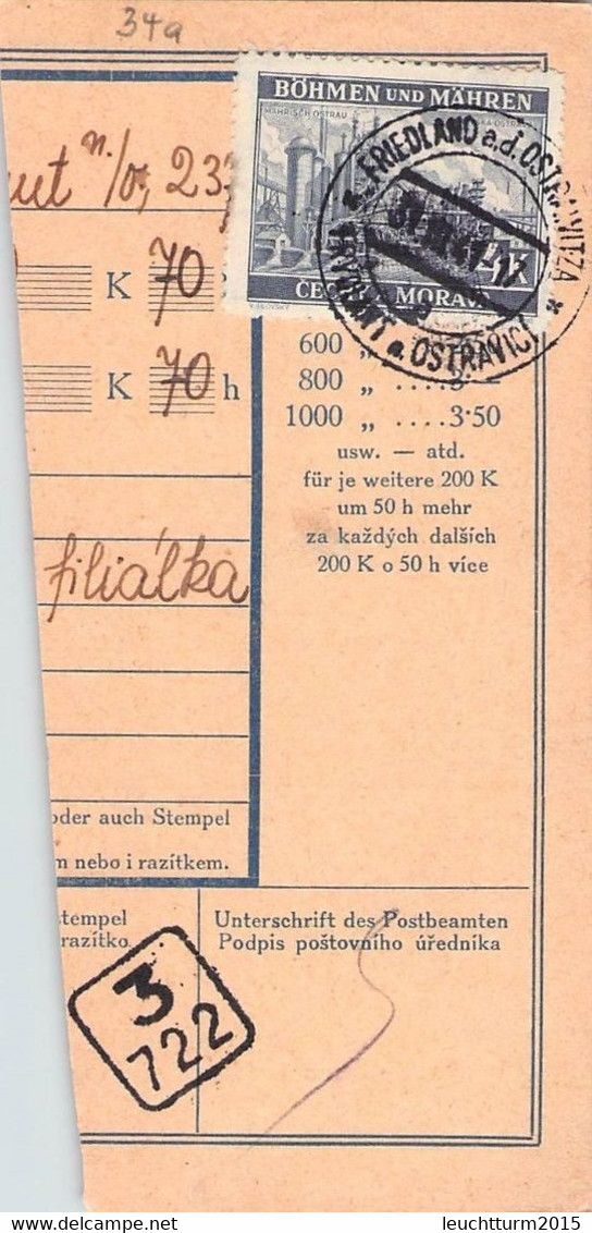 BÖHMEN & MÄHREN - PAKETKARTE 25. III.1941  FRIEDLAND Mi #34a /T231* - Covers & Documents