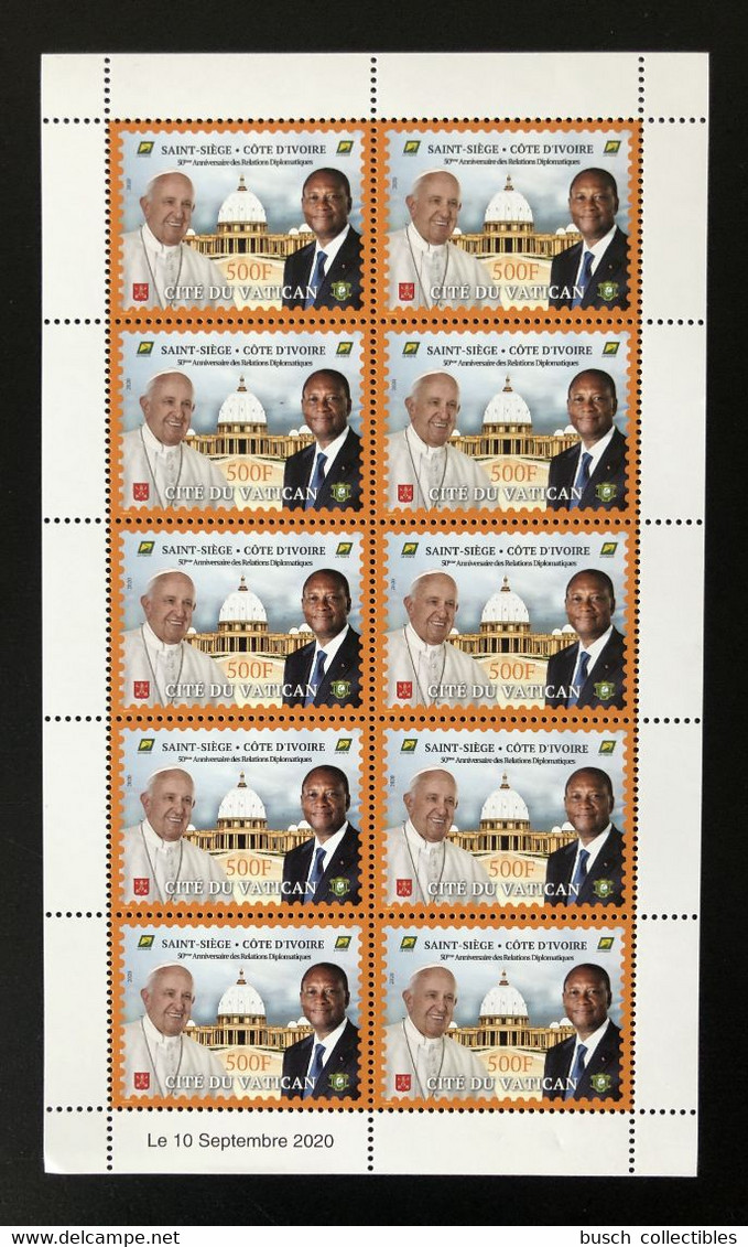 Côte D'Ivoire Ivory Coast 2020 Mini-sheet 500F Joint Issue Emission Commune Vatican 50 Ans Relations Pape Pope President - Papes