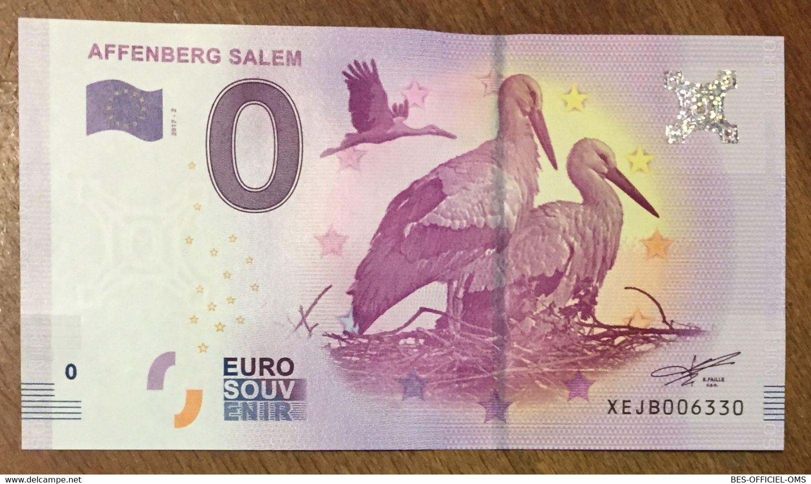 2017 BILLET 0 EURO SOUVENIR ALLEMAGNE DEUTSCHLAND AFFENBERG SALEM CIGOGNES ZERO 0 EURO SCHEIN BANKNOTE PAPER MONEY - [17] Fictifs & Specimens