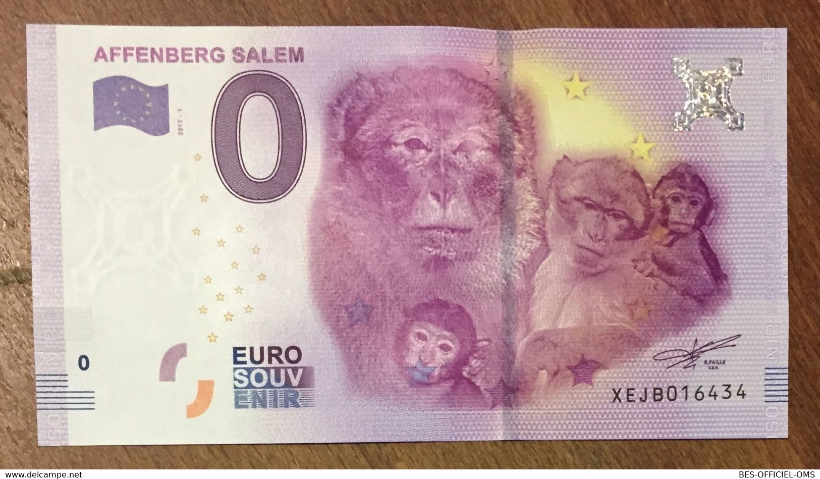 2017 BILLET 0 EURO SOUVENIR ALLEMAGNE DEUTSCHLAND AFFENBERG SALEM SINGES ZERO 0 EURO SCHEIN BANKNOTE PAPER MONEY - Specimen