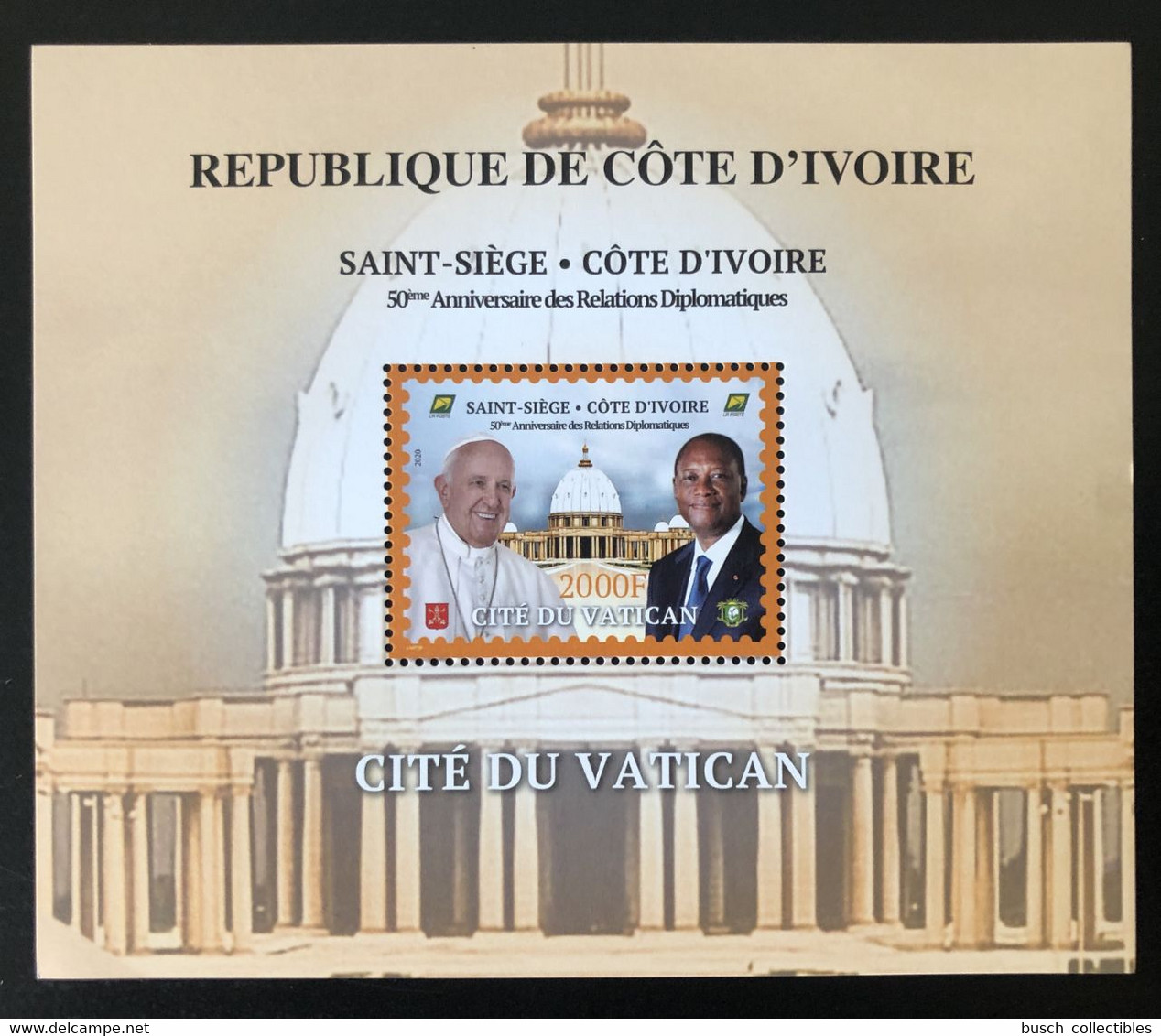 Côte D'Ivoire Ivory Coast 2020 Bloc S/S Block Joint Issue Emission Commune Vatican 50 Ans Relations Pape Pope President - Pausen