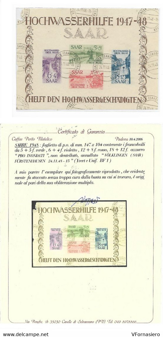 SARRE ʘ 1948 FOGLIETTO "PRO INONDATI" CERTIFICATO CAFFAZ, Con 2 Strappi Nel Bordo Sinistro - Blocks & Sheetlets