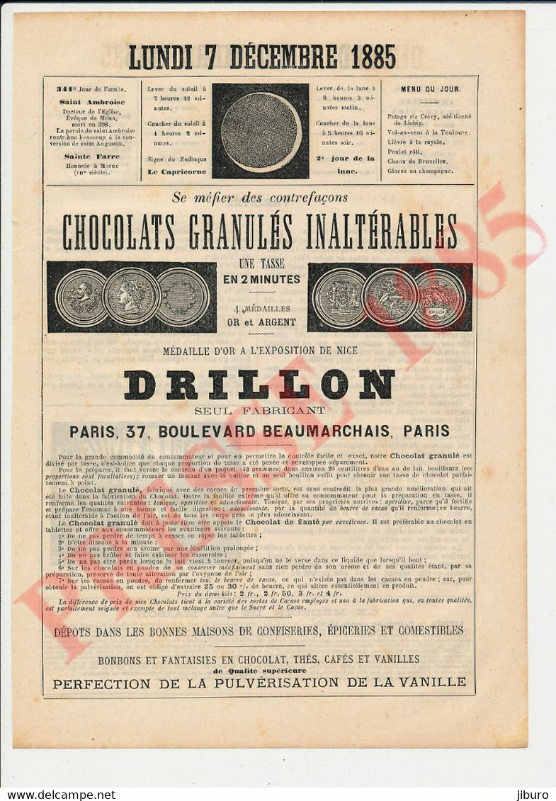 Chocolats Granulés Inaltérables Drillon 37 Boulevard Beaumarchais Encre De La Ville De Paris Messener Bouteille 237CH1 - Zonder Classificatie