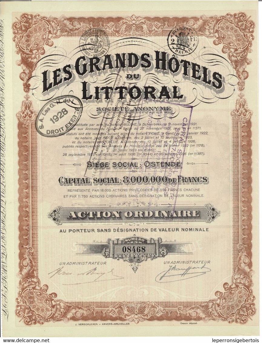 Titre Ancien - Les Grands Hôtels Du Littoral - Société Anonyme -Titre De 1926 - - Toerisme