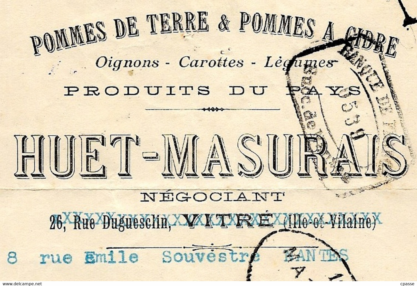 Lettre De Change 1924 Pommes De Terre & Pommes à Cidre HUET-MASURAIS 35 Vitré Puis 44 Nantes - Wissels