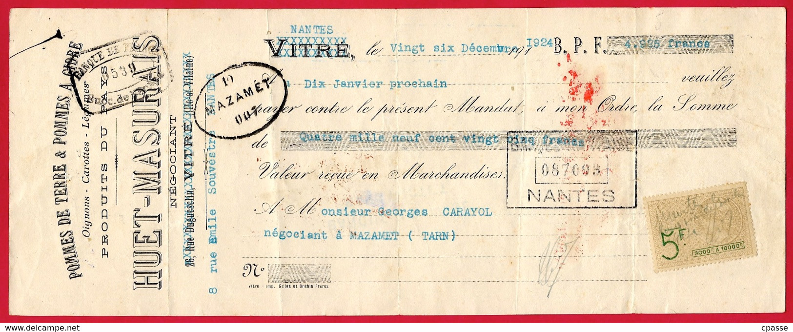 Lettre De Change 1924 Pommes De Terre & Pommes à Cidre HUET-MASURAIS 35 Vitré Puis 44 Nantes - Bills Of Exchange