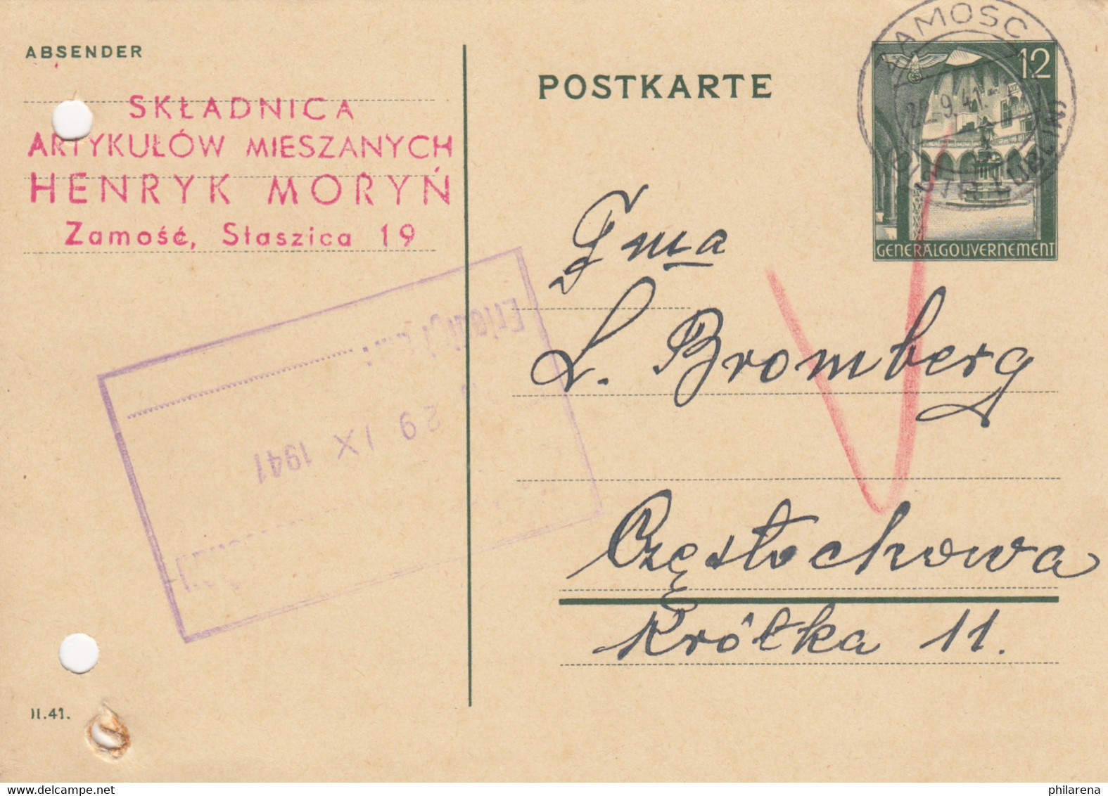 GG: 2x Ganzsache Piaski / Zamosc Nach Tschenstochau - Judenrat - Bezetting 1938-45