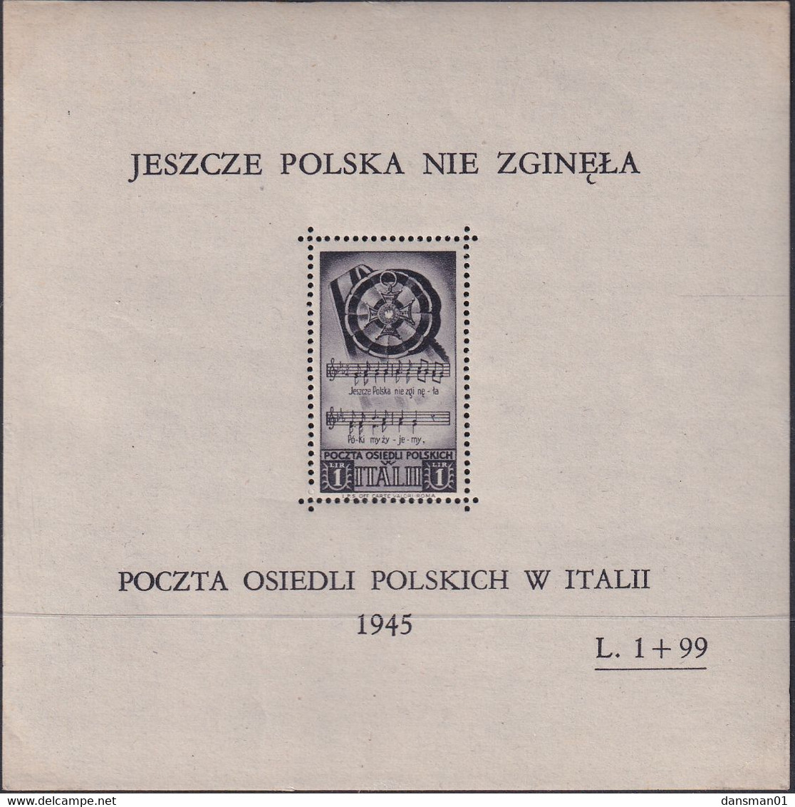 POLAND 1945 "Poczta Osiedli Polskich W Italii" L.1+99 Sheet Mint Never Hinged - Vignettes De La Libération