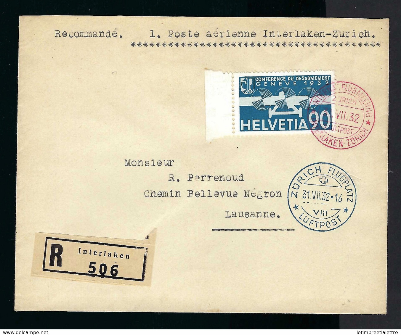 ⭐ Suisse - Recommandé De Interlaken Zurich - 1932 ⭐ - Marcophilie