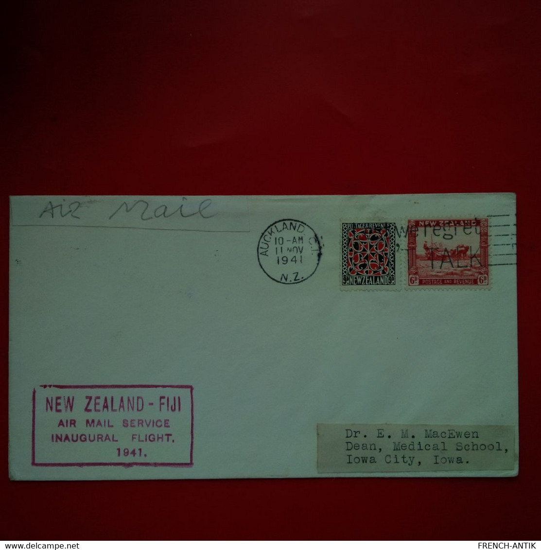 LETTRE NEW ZELAND FIJI AIR MAIL INAUGURAL FLIGHT 1941 POUR IOWA CITY - Poste Aérienne