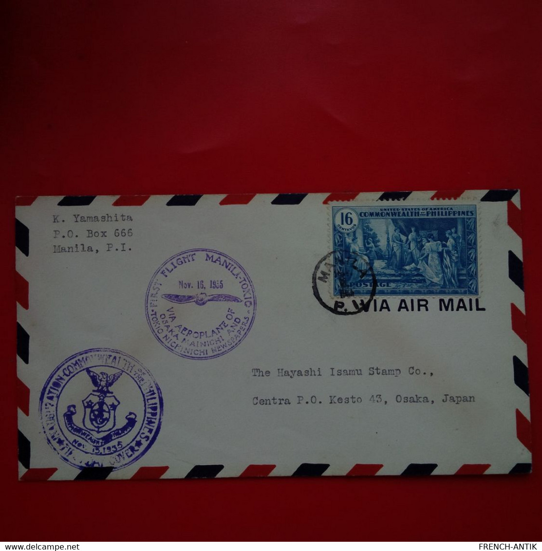 LETTRE MANILA POUR OSAKA CACHET FIRST FLIGHT MANILA TOKIO 1935 - Philippines