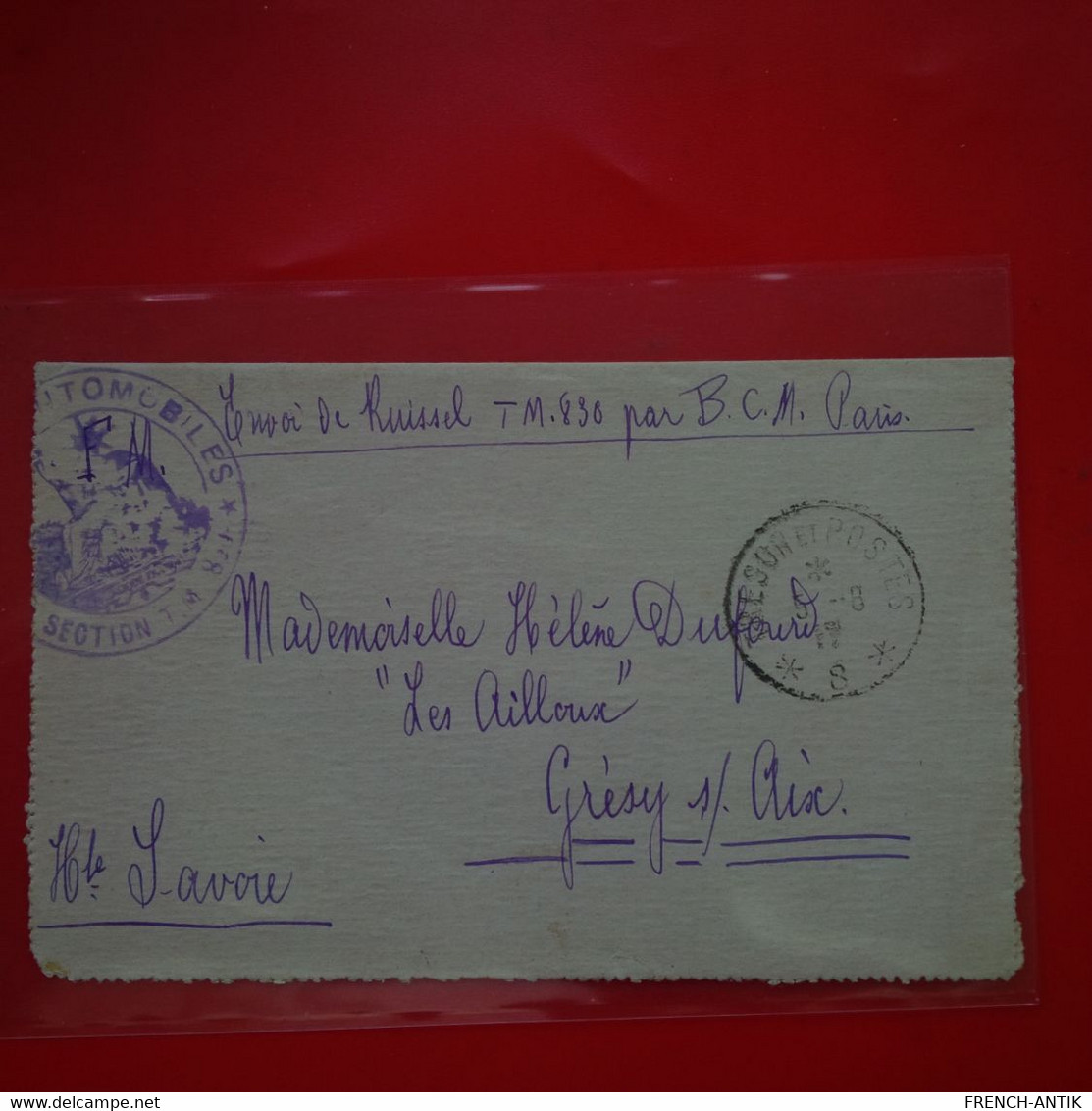LETTRE CACHET CONVOIS AUTOMOBILE PAR B.C.M PARIS POUR GRESY SUR AIX HAUTE SAVOIE 1917 - Military Postage Stamps