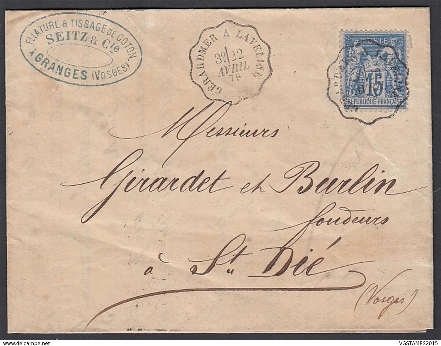 France 1877- Lettre De Granges (Vosges) à Destination St. Dié (Vosges). Cachet Convoyeur.. (DD) DC-9343 - 1876-1898 Sage (Tipo II)