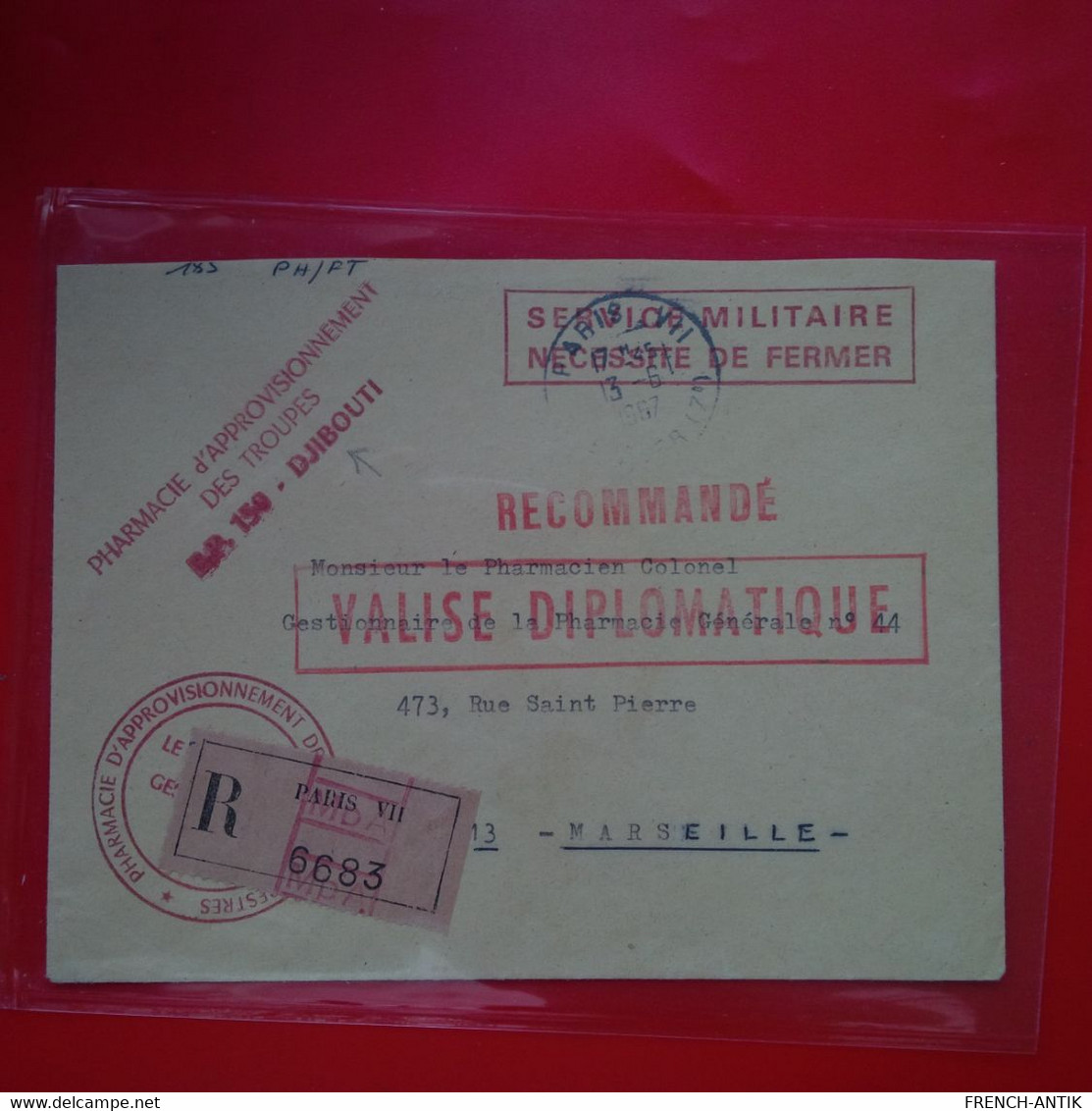 LETTRE DJIBOUTI POUR MARSEILLE CACHET RECOMMANDE VALISE DIPLOMATIQUE ET PHARMACIE DES TROUPES 1967 - Other & Unclassified