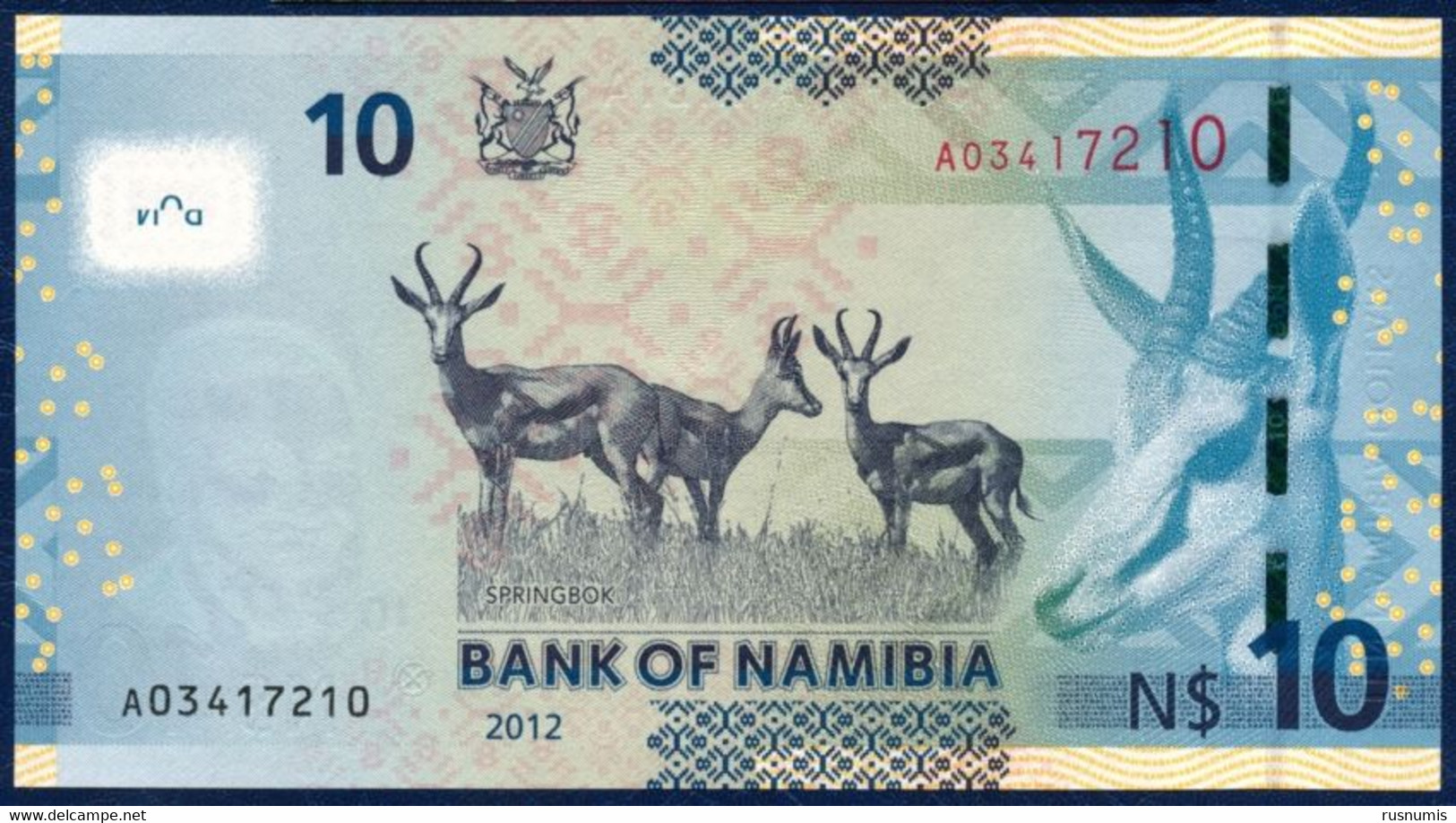 NAMIBIA 10 DOLLARS P-11a  FAUNA ANIMALS SPRINGBOK 2012 UNC - Namibië