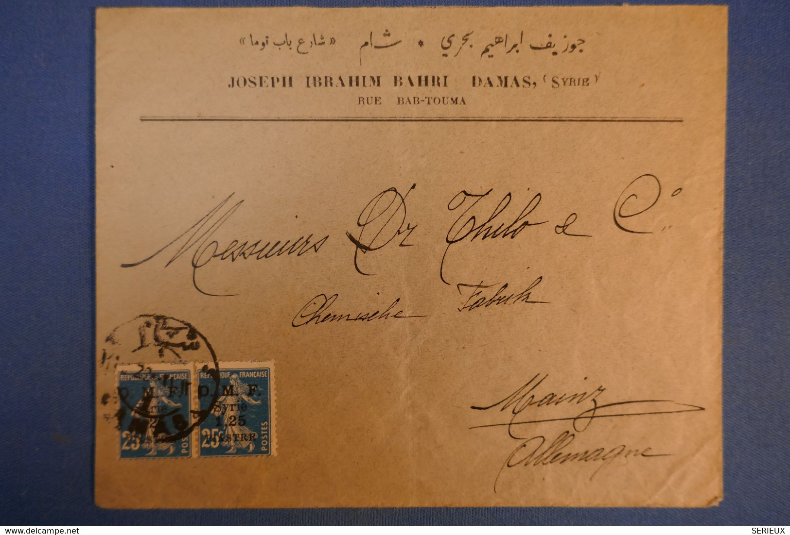 E 12 SYRIE LETTRE RARE  1922 DAMAS POUR (RARE ) MAINZ ALLEMAGNE +PAIRE AU RECTO ,SURCHARGES + CACHET BILINGUE - Briefe U. Dokumente