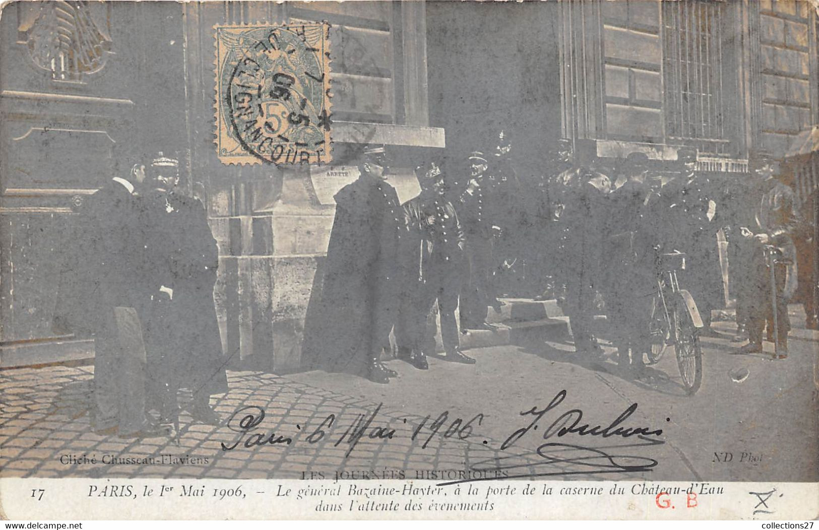 PARIS-75010-CARTE-PHOTO- 1er MAI 1906, LE GENERAL BAZAINE-HAYTER , A LA PORTE DE LA CASERNE DU CHÂTEAU D'EAU .... - Arrondissement: 10