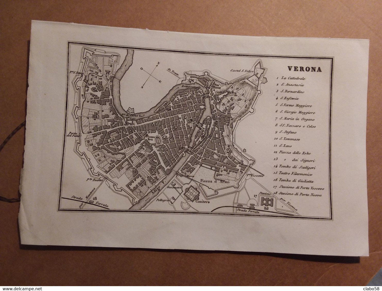 VERONA PIANTA DELLA CITTA'  1857  GUIDA DI VIAGGIO ARTENIA   13 X 20 CM - Topographische Karten