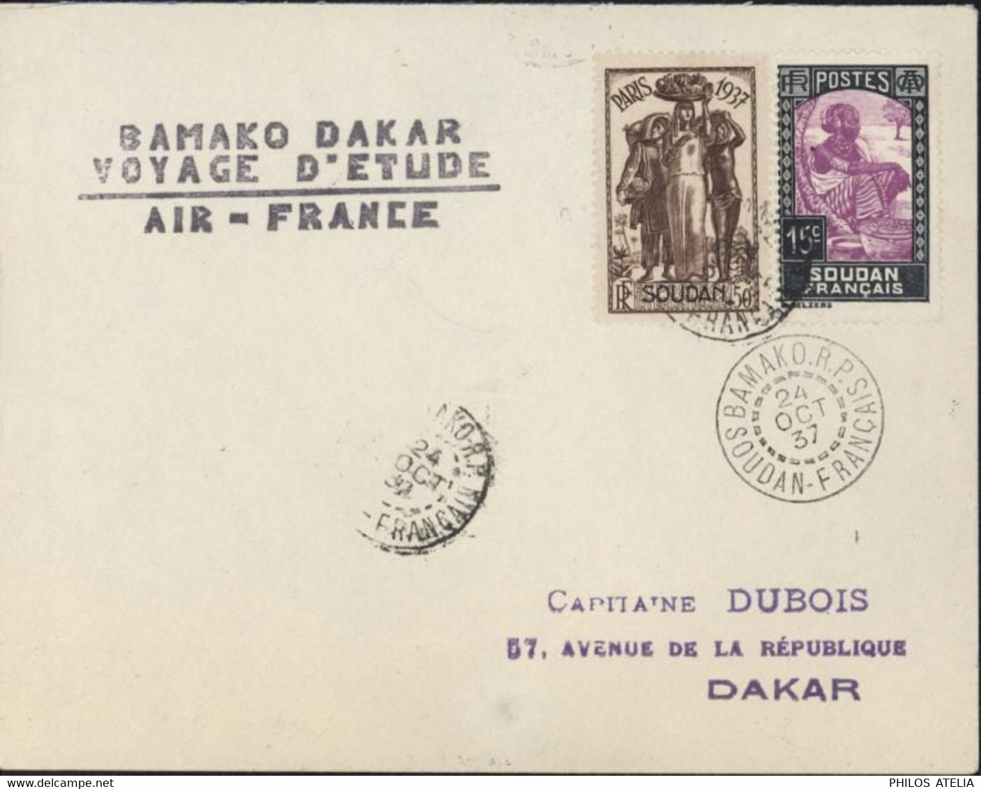 Soudan YT 65 + 96 CAD Bamako RP Soudan Français 24 10 37 Griffe Bamako Dakar Voyage D'études Air France Avion Aviation - Lettres & Documents