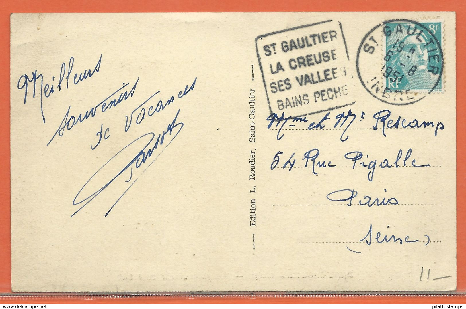 PECHE/CHASSE FRANCE OBLITERATION DE 1951 DE SAINT GAULTIER - Autres & Non Classés