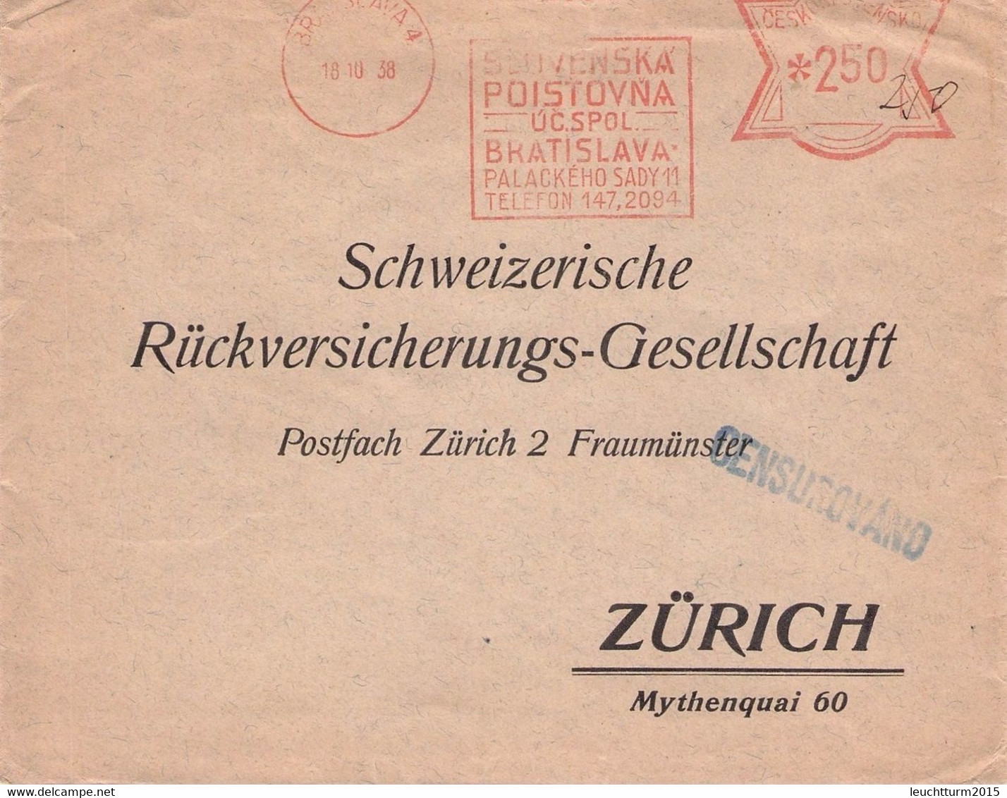 TSCHECHOSLOWAKEI - BRIEF MIT FREISTEMPEL 18.10.38 BRATISLAVA  /brief05 - Briefe U. Dokumente