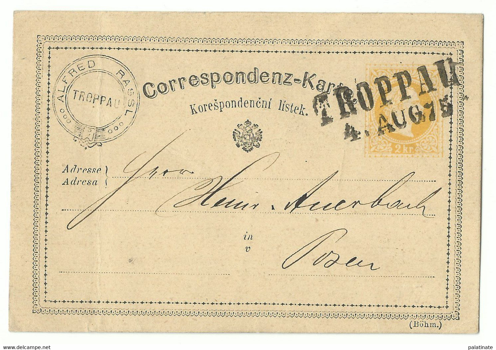 Troppau Opava Ganzsache 1875 "Alfred Rassl" Zweizeiler TROPPAU Nach Posen - Brieven En Documenten