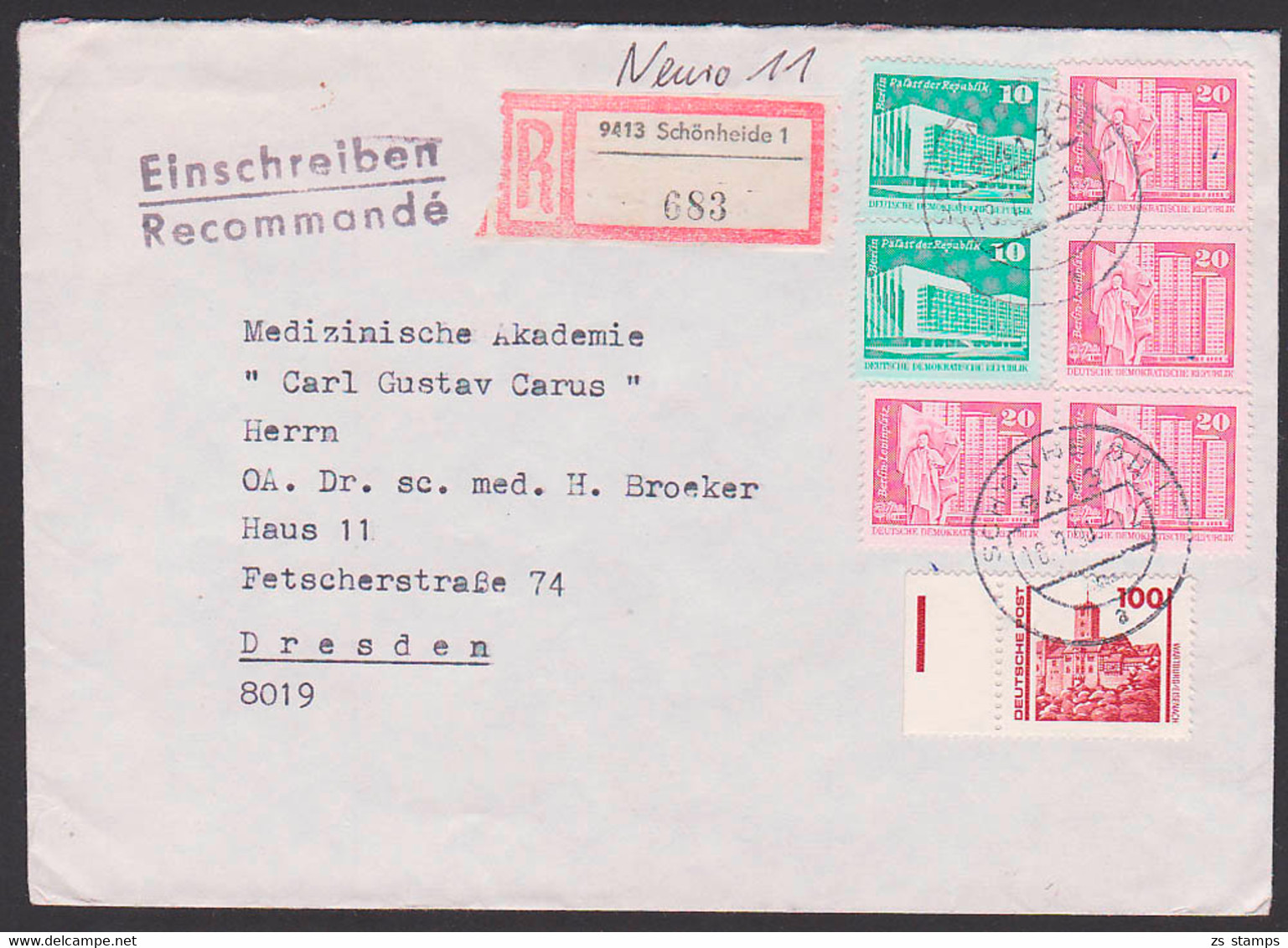 Schönheide 10 Und 20 Pfg. DDR-Mark Und 100 Pfg. DM Neue Währung, R-Brief Portogenau Im Verkehrsgebiet Ost 18.7.90 - Altri & Non Classificati