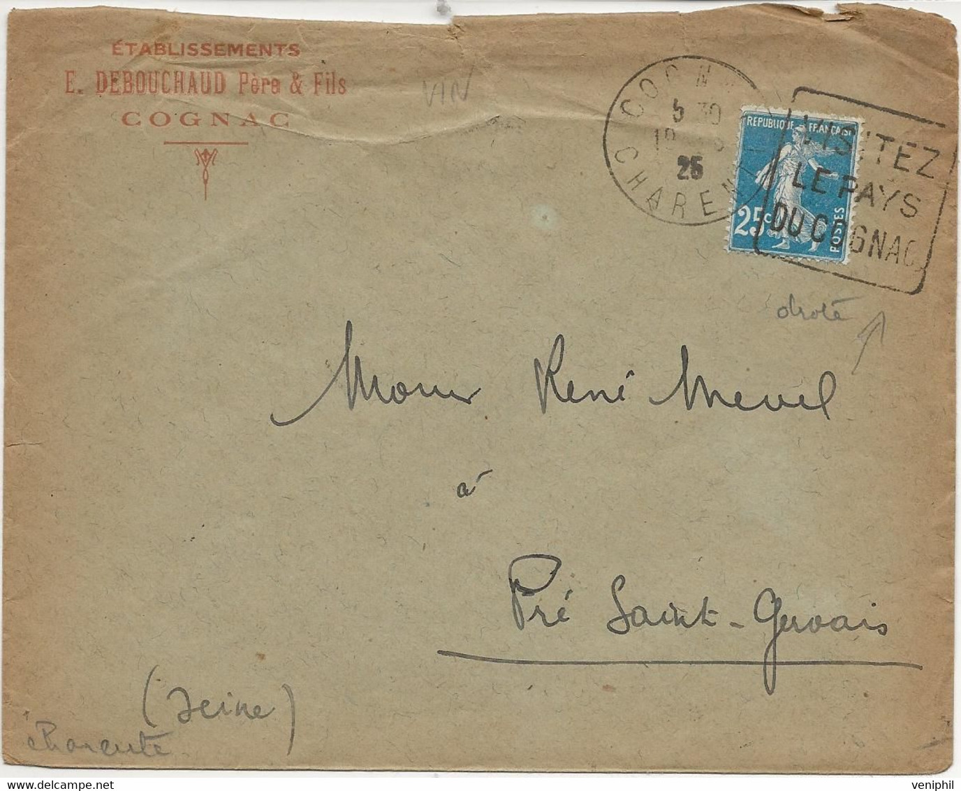 LETTRE OBLITERATION DAGUIN" VISITEZ LE PAYS DU COGNAC " CHARENTE - 1925 - Maschinenstempel (Sonstige)