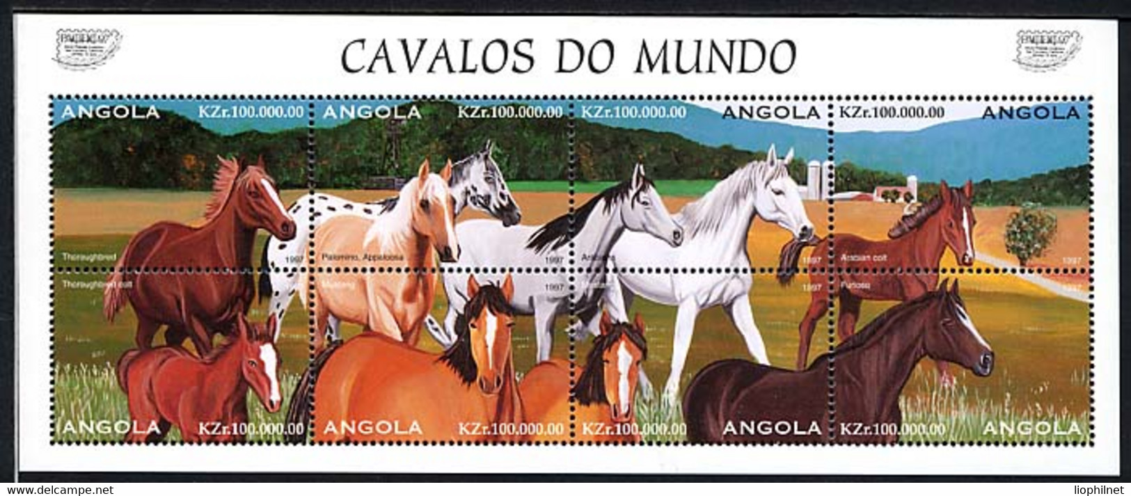 ANGOLA 1997, Yvert 1071/8, RACES DE CHEVAUX, Feuillet De 8 Valeurs, Neuf / Mint. R978 - Paarden