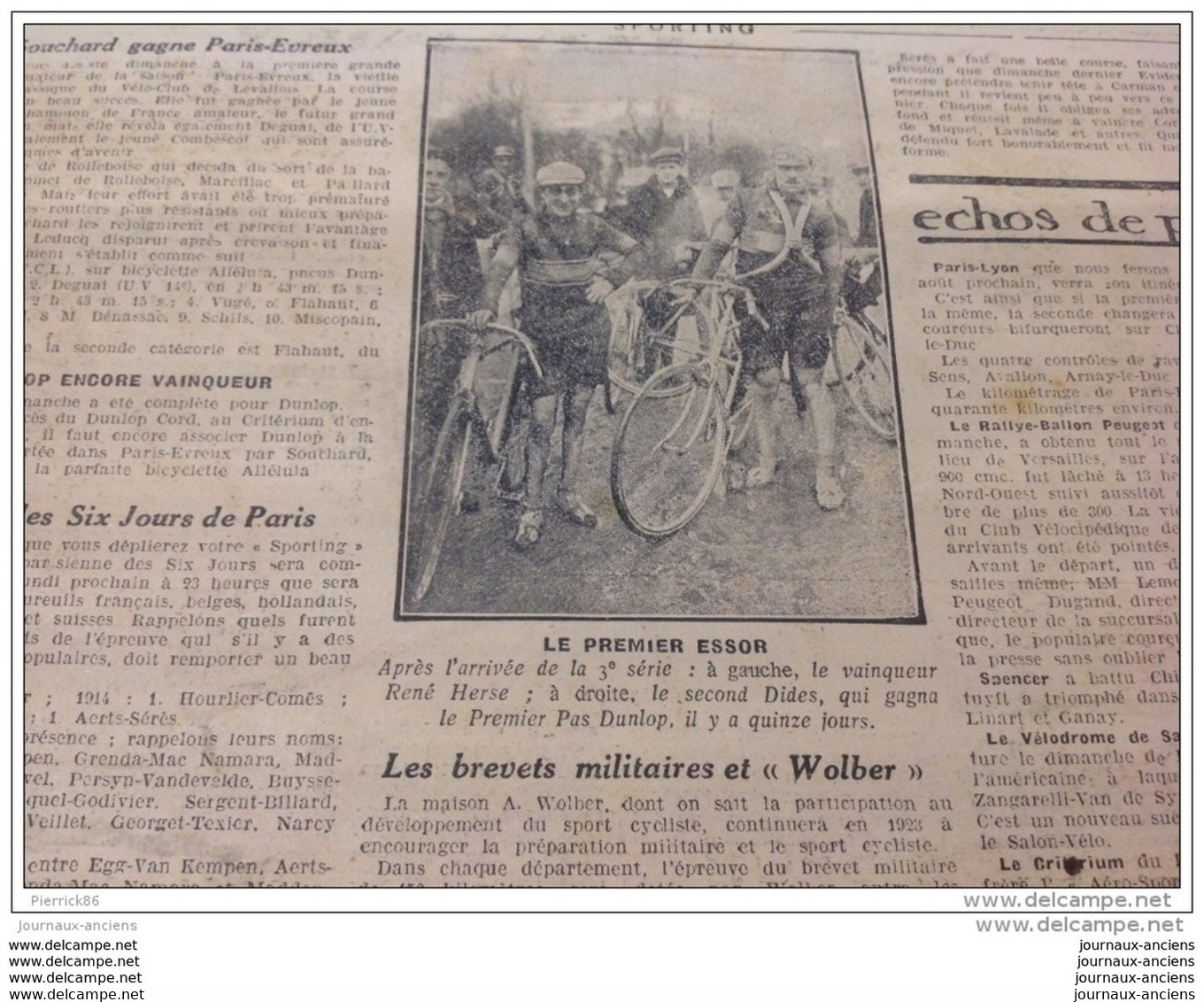 1923 SPORTING JOURNAL SPORTIF ILLUSTRÉ - PUB - WOLBER LEVALLOIS PERRET - ALCYON COURBEVOIE - GURTNER PONTALIER