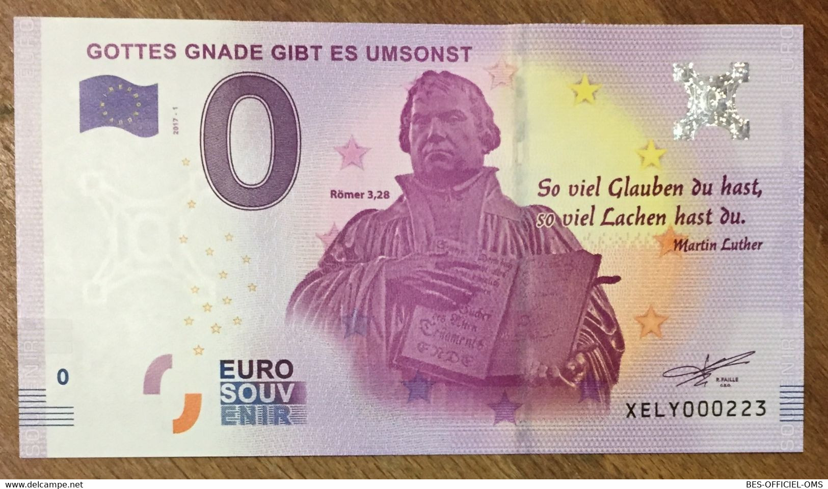 2017 BILLET 0 EURO SOUVENIR ALLEMAGNE DEUTSCHLAND GOTTES GNADE GIBT ES UMSONST ZERO 0 EURO SCHEIN BANKNOTE PAPER MONEY - [17] Fictifs & Specimens