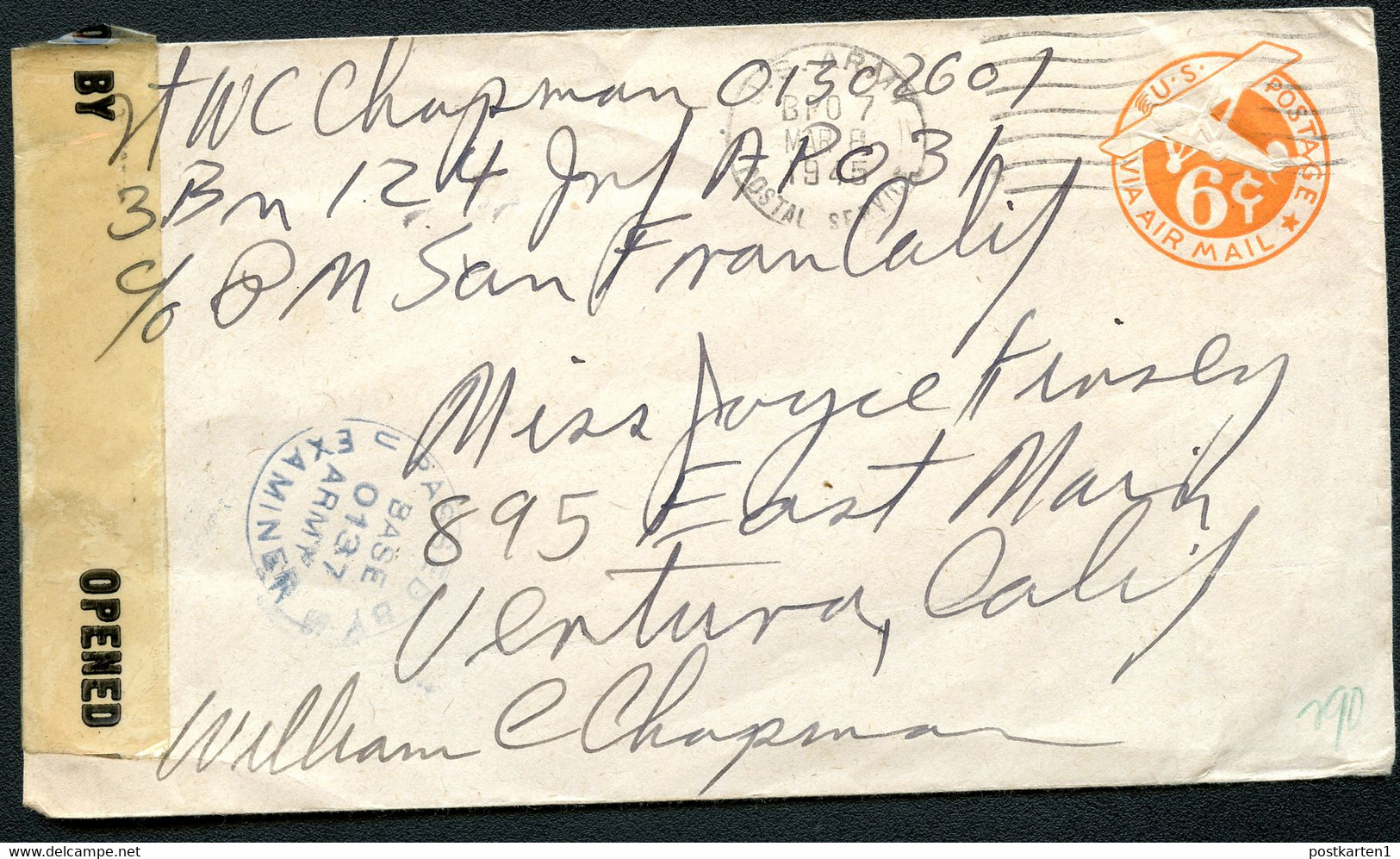 UC3 PSE Airmail Cover ARMY POSTAL SERVICE CENSORED Used 1945 - 1941-60